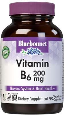 Bluebonnet Nutrition Vitamin B6 Vegetable Capsules, 200 mg, For Cardiovascular and Nervous System Health, Soy Free, Gluten Free, Kosher, Dairy Free, Vegan, Non-GMO, 90 Vegetable Capsules, 90 Servings
