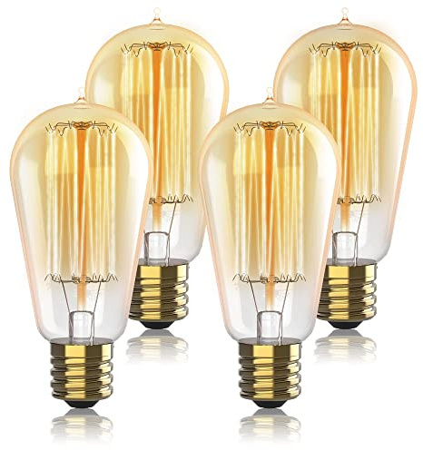 HUDSON BULB CO. Vintage Incandescent Edison Light Bulbs 60W (4 Pack) for Outdoor and Indoor- E26/E27 Base 2100K Dimmable Decorative Antique Squirrel Filament Lightbulbs - ST58 Style Warm Light
