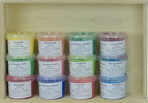 Kalk-Laden Buntfarben-Pigment-Sortiment (Set), 12 Farbtöne in 120 ml Klarsicht-Behältern, im Holzkasten
