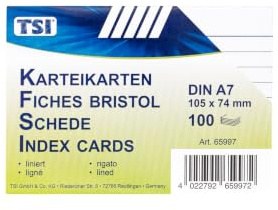 TSI Karteikarten weiß, 100er Packung, liniert, Größe: DIN A7 (105 x 74 mm), Art. Nr. 65997