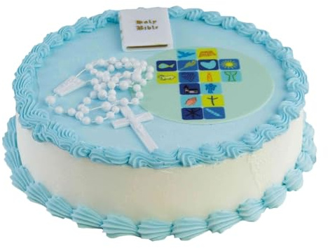 Cake Company Tortendeko Kommunion + Konfirmation blau Junge | mit essbarem Tortenaufleger, Bibel, Rosenkranz | Kuchen und Torten schnell und einfach dekoriert