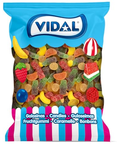 Vidal Golosinas. Cocktail Mix. Surtido de golosinas : plátano, piña, fresa, naranja, cola y cereza. Cobertura de azúcar y textura suave. Sin gluten ni grasa. Bolsa 1 kg