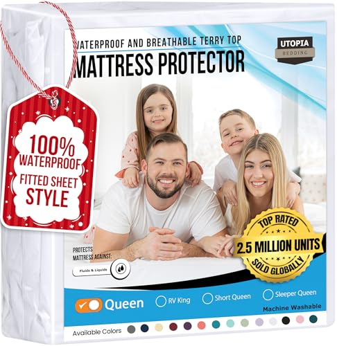 Utopia Bedding, Protector de colchón Impermeable tamaño Queen, Funda de colchón de Rizo 200 g/m², Transpirable, Estilo Ajustado con Bolsillos elásticos, Blanco