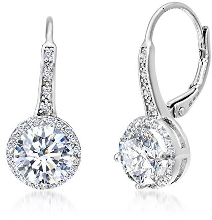 Mia Sarine Rhodium Plated 925 Sterling Silver Cubic Zirconia Halo Lever Back Dangle Bridal Earrings for Women White