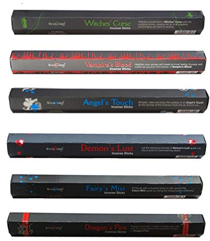 6 x Boxes of Stamford Black Incense Sticks - 1 of each - Fairys Mist, Witches Curse, Demons Lust, Angels Touch, Dragons Fire, Vampires Kiss