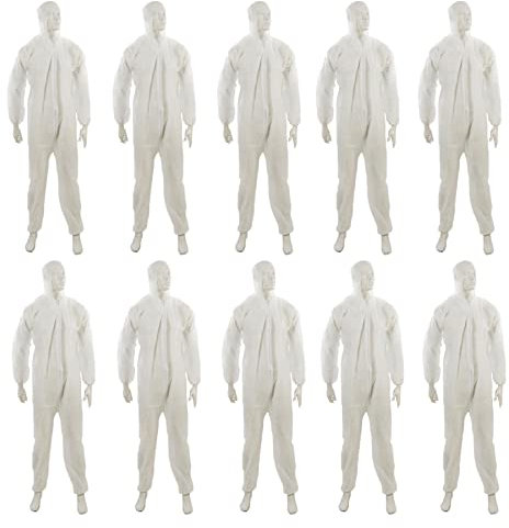 Dapetz ® Tuta da lavoro usa e getta con cappuccio, protezione chimica Hazmat Large 128 cm 50 pollici tuta di carta bianca, abbigliamento da lavoro di sicurezza industriale per uomini e donne 10 pezzi