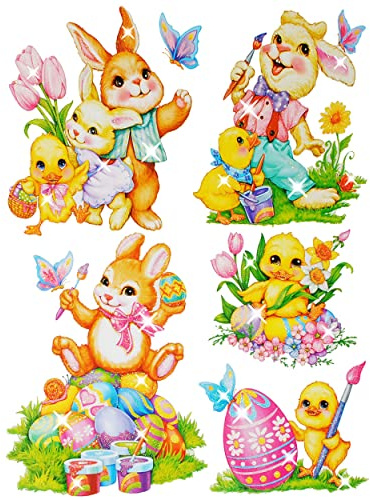 alles-meine.de GmbH 2 versch. Bögen Fenstersticker - Osterhase & Osterküken - 3-D Glitzer Effekt - statisch haftend - selbstklebend + wiederverwendbar/Frühling & Ostern -..