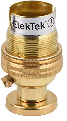 ElekTek Soporte de lámpara sin interruptor B22 BC con tapa de bayoneta y anillo de sombra con soporte de placa trasera CNC de latón macizo, cubierta y tornillos, fabricado en Reino Unido, latón
