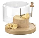 IRIS BARCELONA Horizontaler Käseschneider mit rundem Holzbrett und transparentem Deckel, drehbare Zentralachse mit Klinge zum Schneiden von Spänen und Käseblüten, Ø 22 cm