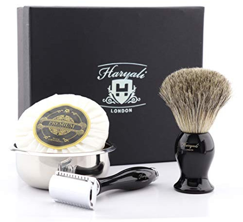 Haryali London Rasierset – Rasierhobel – Rasierpinsel Dachshaar – Rasierschale, Rasierseife - 4 teiliges Nassrasierer Herren damen Rasierset inkl. Rasierklingen Rasierhobel - Schwarz Rasierhobel Set