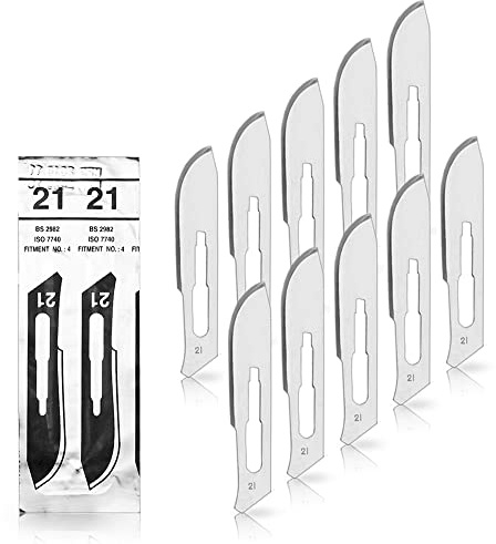 May Lot de 10 lames de scalpel - Lames bistouri N° 21 - Lame chirurgicale stérile fabriquée en acier au carbone pour Manche de scalpel n°4 - emballés individuellement dans stérile