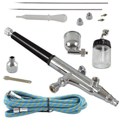 Agora-Tec® at- Airbrush Pistole Kit AT-AK-02 mit 1,8 m Schlauch und 3 verschiedenen Düsen und Nadeln (0,2 mm 0,3mm 0,5 mm)