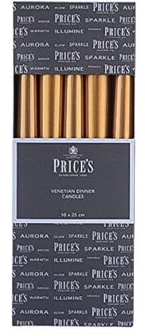Price's Candles - 10 Venetian Wrapped Dinner Candles - Gold - 10 Pack - 7 Hour Burn Time - Unscented - Non-Drip - Multi-Purpose
