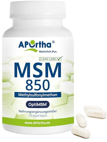 APOrtha® OptiMSM® 850 mg MSM Kapseln, 120 vegane Kapseln, 99,9% reines Methylsulfonylmethan ohne jegliche Zusätze, 850 mg OptiMSM® MSM pro Kapsel, vegan, glutenfrei, lactosefrei, allergenfrei