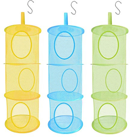 LIVEHITOP 3 Stück Set Mesh Hängender Speicher Korb, Mit S Haken Zusammenklappbare Network Storage Raum speichern Beutel Organisator für Kleine Kleidung (Blau, Grün, Gelb)
