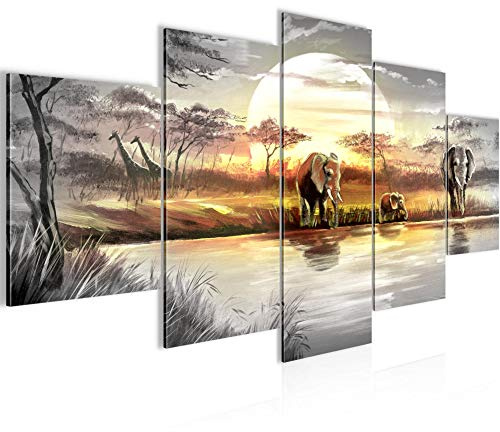 Runa Art - Bilder Afrika Elefant 200 x 100 cm 5 Teilig XXL Wanddekoration Design Grau Gelb 000751a