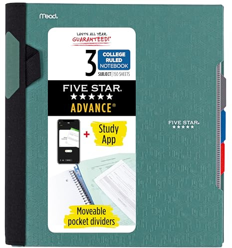 Five Star Advance Spiral Notebook + Study App, 3 Subject, College Ruled Paper, 8-1/2 x 11, 150 Sheets, Spiral Guard, Movable Tabbed Dividers, Seaglass Green (73136)
