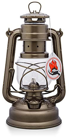 Feuerhand 276 Outdoor Hurricane Oil Lantern - German-Made Since 1893, Paraffin Lamp with Galvanized Steel, 300ml Tank, 20 Hour Burn Time, Safe for Hanging or Table Use, Kerosene Camping Light, Bronze