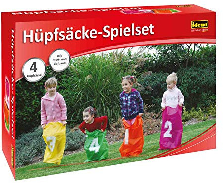 Idena 7408881 - Hüpfsäcke Spielset mit 4 Hüpfsäcken, inklusive Band für Start und Ziel, ideal für Partys und Sportfeste, 1 Spiel