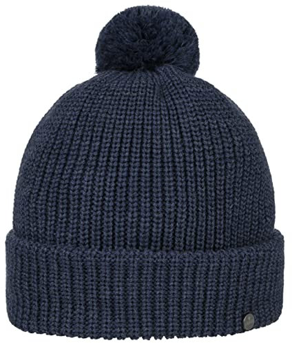 LIERYS Navigat Pudelmütze Damen Herren Strickmütze Made in Germany Bommelmütze aus Schurwolle Wollmütze mit Umschlag Herbst Winter blau One Size