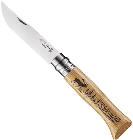 Opinel Messer - Größe 8 - Animalia - Motiv Hirsch - Sandvikstahl 12C27 - rostfrei - Eichenholz Griff, Braun