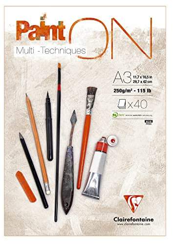 Clairefontaine - Ref 96536C - Paint'ON Multi-Technique Glued Paper Pad (40 Sheets) - A3 Size, 250gsm Heavyweight Paper, Natural Coloured Paper, Acid Free, pH Neutral