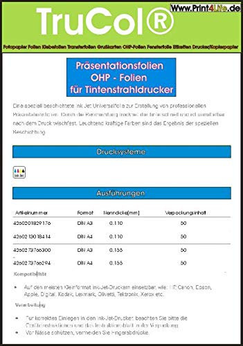 trucol 50x OHP Overheadfolie DIN A4 110mic Transparentfolie Transparentpapier Präsentationsfolie KLAR transparent für Inkjetdrucker Inkjet Tinte Tintenstrahldrucker - Stärke 0,11mm spezialbeschichtet