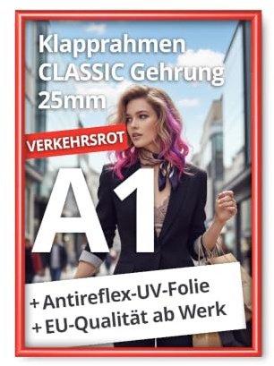 net-xpress® A1 Klapprahmen DIN A1 Plakatrahmen 25 mm rot | mit Antireflex-UV-Folie | Posterrrahmen aus Alu mit Gehrungsecken | inkl. Schrauben & Dübel | Wechselrahmen A1 Klapprahmen rot