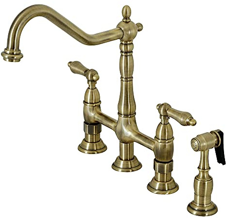 Kingston Brass KS1273ALBS Heritage 8-Inch Kitchen Bridge Faucet with Brass Sprayer, Antique Brass