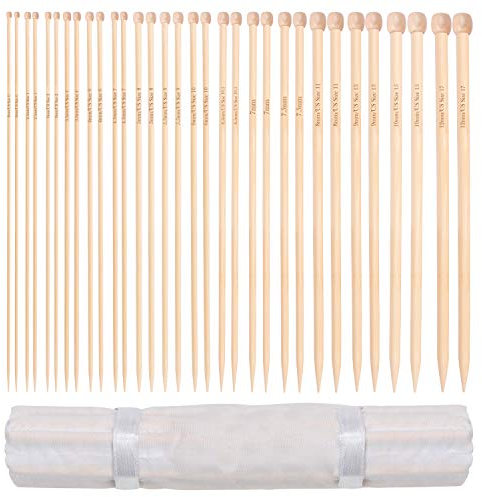 Curtzy Bambus Stricknadeln - Stricknadelset mit 16 Paar Geraden Stricknadeln aus Bambus und Aufbewahrungsbox - Einzelspitze in den Größen 2mm - 12mm - Jede Nadel Misst 34cm - Für Anfänger und Experten