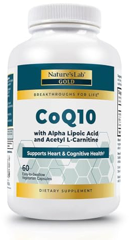 Nature's Lab CoQ10 200mg with Alpha Lipoic Acid & L-Carnitine - High Absorption Heart & Brain Support - Energy & Mitochondrial Function - 60 Capsules Gold