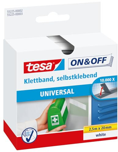 tesa On & Off Klettband zum Aufkleben - Selbstklebendes Klettklebeband zur Befestigung leichter Gegenstände - Weiß, 2 cm x 250 cm