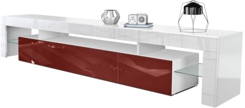 Vladon Buffet Bas Lima V2, Meuble TV avec 2 clapets, 1 Compartiment Ouvert et 2 étagères en Verre, Blanc Haute Brillance/Bordeaux Haute Brillance (189 x 38 x 35 cm)