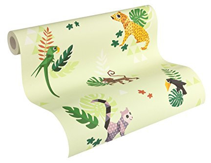A.S. Création Esprit Kids Papiertapete Jungle Party Ökotapete Kindertapete Tapete 10,05 m x 0,53 m bunt grün Made in Germany 303033 30303-3