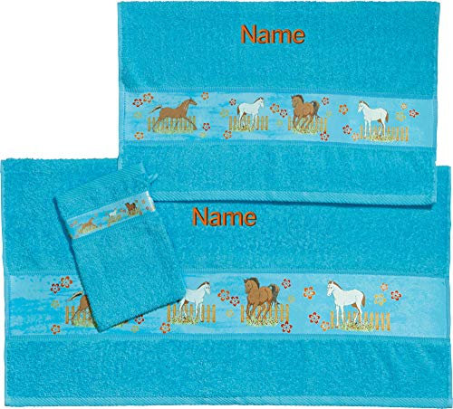 Erwin Müller Kinder-Handtuchset, Frottier-Set 3-TLG. mit Namen personalisiert türkis Größe 70x110 cm + 50x70 cm + 15x21 cm, saugstark, 1 Handtuch, 1 Badetuch, 1 Waschhandschuh - 100% Baumwolle