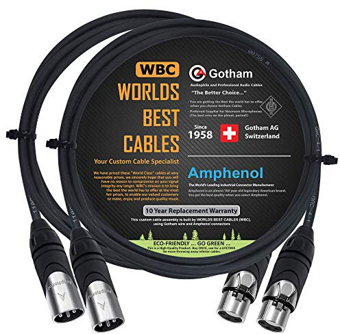 WORLDS BEST CABLES 2 Units - 5 Foot - Gotham GAC-4/1 (Black) - Star Quad, Dual Shielded Balanced Male to Female Microphone Cables with Amphenol AX3M & AX3F Silver XLR Connectors - Custom Made