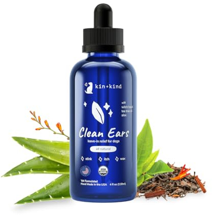 kin+kind Clean Ears - Natural Leave-in Dog Ear Cleanser - Certified USDA Organic - Fragrance Free - 4 fl oz
