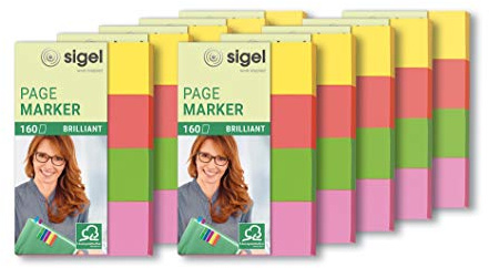 SIGEL Haftmarker Papier 10er Pack 160 Streifen 4 Farben | HN630/10, Gelb Orange Grün und Pink, Format 20 x 50 mm