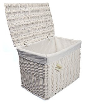 woodluv Full Steamed Willow Wicker Storage Basket Trunk Chest Hamper with Lidded Cloth Lining, Home Storage Solution for Laundry, Toys, Blankets, and More, Large, White