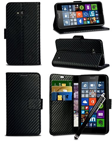 London Gadget Store LG G5 H850 - Black Carbon Fibre Style Leather Wallet Flip Skin Case Cover with Capacitive Stylus Touch Screen Pen, Screen Protector and Polishing Cloth