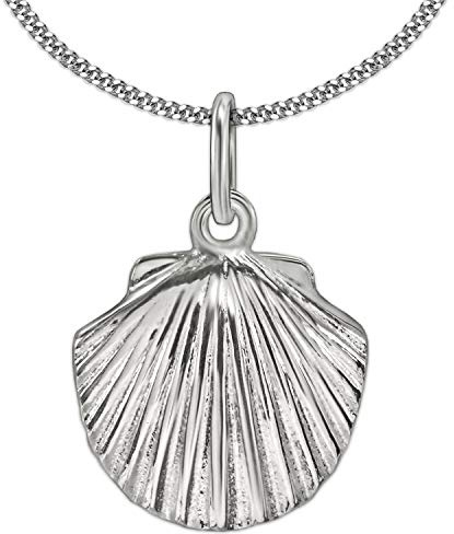 CLEVER SCHMUCK Halskette Muschel Silber Anhänger 20 mm mit Panzerkette 50 cm 925 STERLING Jakobsmuschel im Etui creme