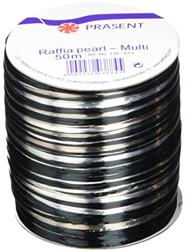 PRÄSENT RAFFIA PEARL-Multicolour Bastband schwarz / grau / silber, 50 m metallic Dekoband für Präsente, zum Verzieren & Basteln, Geschenkband für feierliche Anlässe