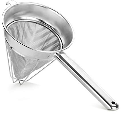 New Star Foodservice Reinforced Bouillon Strainer, 8-Inch, Fine Mesh, 18/8 Stainless Steel, Commercial Kitchen Strainer for Stocks, Sauces, Soups, and Purees