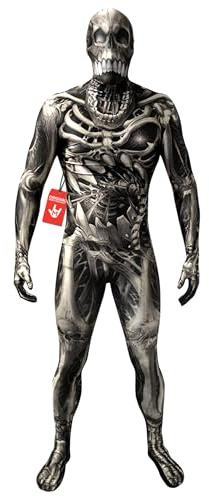 Morphsuits Skelett Kostüm Herren, Gruseliges Halloween Kostüm Herren | Ganzkörperanzug mit Kapuzenmaske, Totenkopf- & Knochen-Druck, Reißverschluss, Perfekt für Halloween, Ideal für Cosplay
