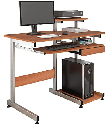 Techni Mobili Desk with Printer Shelf, Keyboard Tray and Drawer, Compact Workstation with Storage, Woodgrain