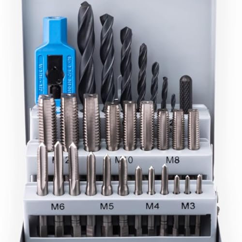GSR Profi Handgewindebohrer M3-M12 & Kernlochbohrer Satz, Gewindeschneider Set 30-teilig, HSS Bohrer Set Metall, Mit Schablone für Innen- Außengewinde, verstellbarem Windeisen & Stahl-Kassette