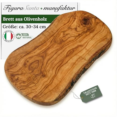 Olivenholz Schneidebrett, Rustikales Holzbrett für die Küche, Käsebrett und Antipasti Servierplatte, Olivenholzbrett Handgefertigt seit 1988 (30-34cm)