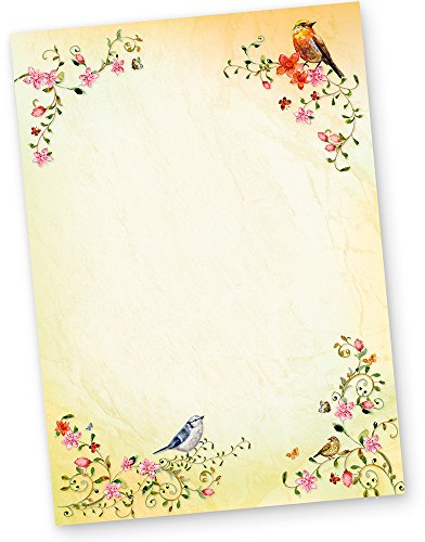 TOSKANA Briefpapier 50 Blatt Blumen und Vögel bunt A4 | Schönes Schreibpapier Frauen Erwachsene Ostern einseitig bedrucktes DIN 210 x 297 mm erstklassiges 90 g/qm Papier