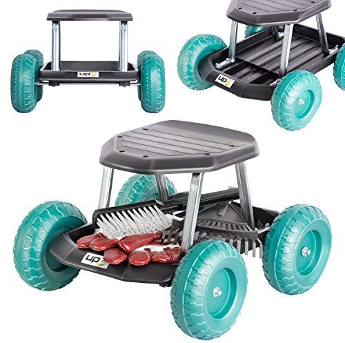 UPP fahrbarer Gartenwagenrollsitz bis 130 kg mit Ablage | Knie- und rückenschonende Sitzgelegenheit auf Rollen für Gartenarbeit & Autopflege | Gartenrollsitz mit 33 cm Sitzhöhe in grün