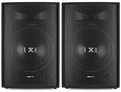 VONYX SL15 15 Passive PA Speaker Pair, 800W DJ Speakers Set, 2-Way Bass Reflex, Trapezoidal Cabinets, High-Powered Sound for Events, Clubs, Live Bands & Parties, Includes Handles & Pole Mounts